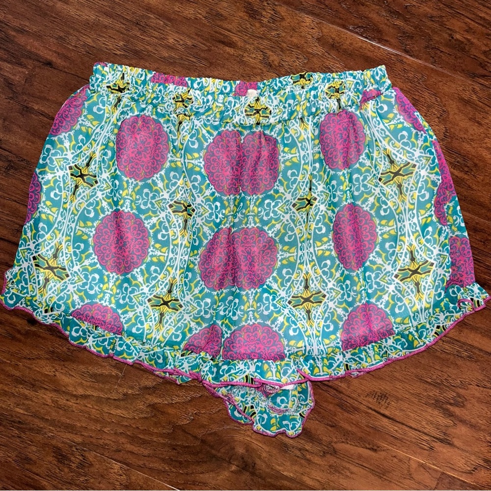 Altar'd State Pink and Yellow Shorts with Ruffled Hem Small